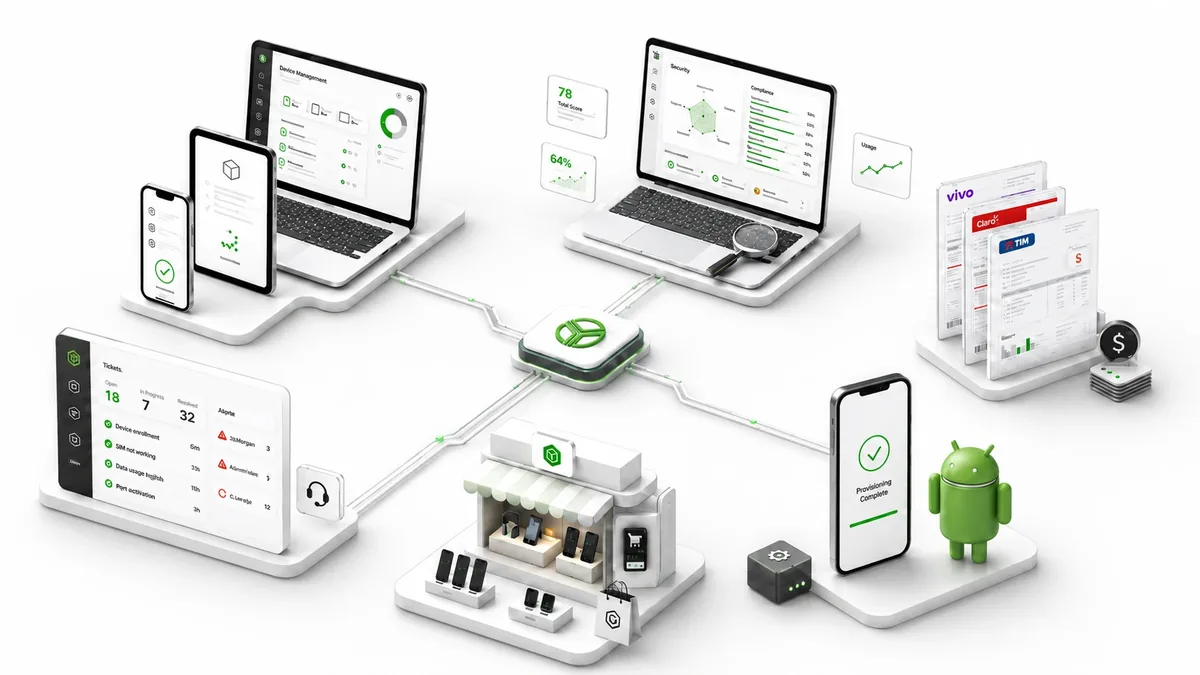 Mapa visual da governança Y3: dispositivos, MDM, dashboards de maturidade, faturas Vivo/Claro/TIM, chamados, provisioning Android e loja de devices conectados em uma camada única